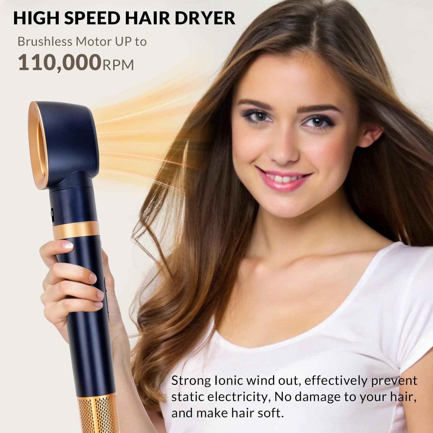4-in-1 Hot Air Hair Styler & Hair Dryer Brush - 110,000RPM High Speed Ionic Blow Dryer for Fast Drying, Curling & Straightening - Suitable for Straight, Wavy, Curly, Coily Hair - No Heat Damage