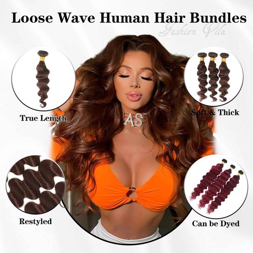 Brown Bundles Human Hair Loose Wave Human Hair 3 Bundles (#4, 12 14 16) 12A 100% Unprocessed Brazilian Virgin Hair Loose Deep Wave Remy Human Hair Extension 4# Color