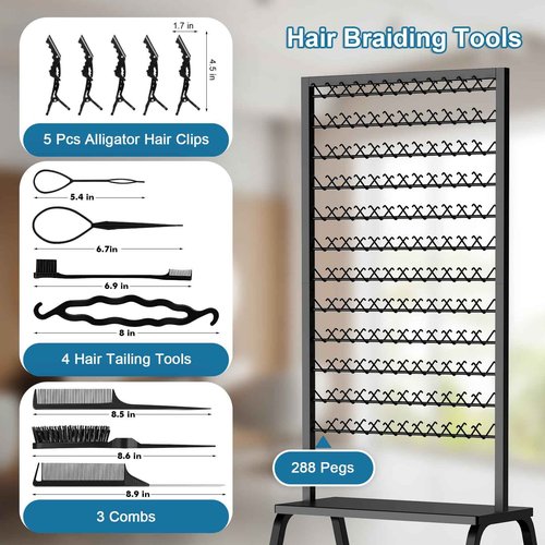 Portable Braiding Hair Rack with Wheels & Storage Drawers,2-Sided 288 Pegs,Hair Extension Holder Hanger for Braiding Hair Separator Stand Display,Hair Rack with Stylist Hair braiding Tools (Black)