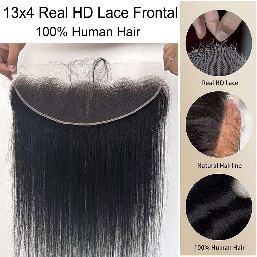 KRN 13x4 HD Lace Frontal, 0.10mm Skinlike Ultra-thin Invisible Frontal HD Lace Pre Plucked with Baby Hair 12A Silk Straight Brazilian Human Hair Extensions Single Knots 12 Inch