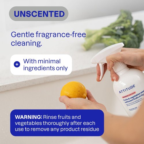 ATTITUDE Fruit & Vegetable Wash Refill, Food-Safe Produce Wash, Removes Dirt & Residue, Vegan & Plant-Based Ingredients, Unscented, 67.6 Fl Oz (Pack of 4)