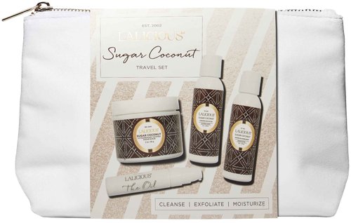 LaLicious Sugar Coconut Travel Set - Whipped Sugar Scrub, Shower Gel/Bubble Bath, Body Butter & Body Oil in a Luxe Velour Makeup Bag (4 Piece Kit)