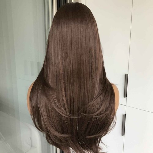 mytonecoo 13x4 Chocolate Brown Lace Front Wig Synthetic Hair HD Transparent Straight Lace Frontal Wigs Pre Plucked Brown Wig Colored Synthetic Lace Wigs for Women Long Layered Wig Daily 22inch