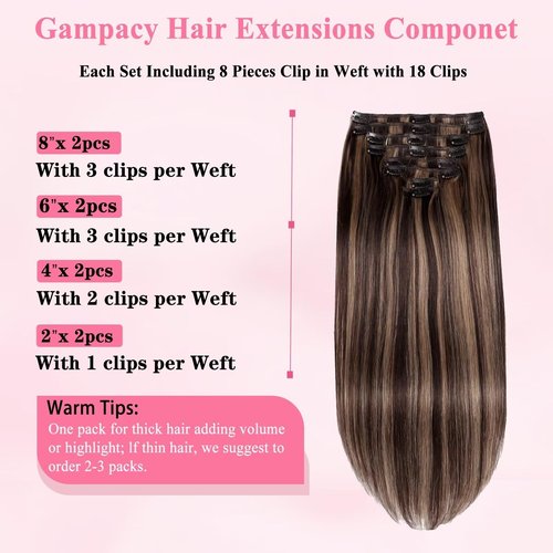 Clip in Hair Extensions Real Human Hair, Seamless Clip ins Real Human Hair for Women, Remy Human Hair Clip in Extensions, Double Weft 8pcs 20 inch Balayage Dark Brown to Chestnut Brown