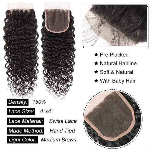 Quqzron Water Wave Human Hair Bundle with Closure(16 18 20 +14, Free Part) Wet and Wavy Bundles with 4x4 Lace Closure Hair Extensions Natural Color