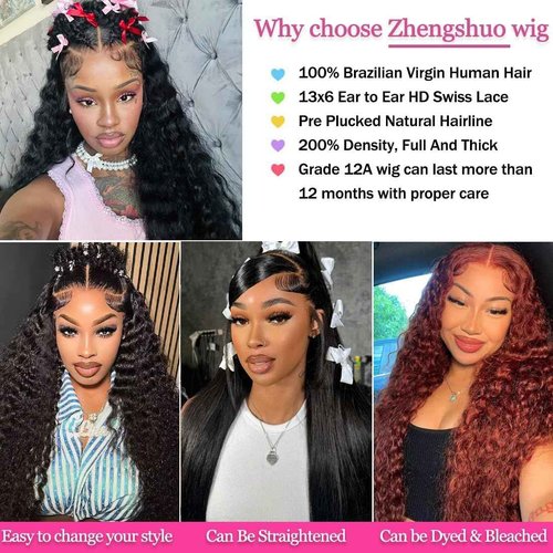 Zhengshuo Water Wave Lace Front Wigs Human Hair Pre Plucked 13x6 HD Lace Frontal Wigs 200% Density Brazilian Virgin Human Hair Wigs for Black Women Natural Color