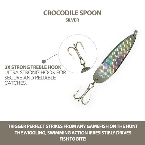 Crocodile Spoon Fishing Lures 3oz, Chrome, 12 Pcs Rigged with 2/0 Treble Hooks, for Saltwater & Freshwater Casting, Includes Heavy-Duty Hook Setup, Ideal for Bass, Trout, Tuna & More