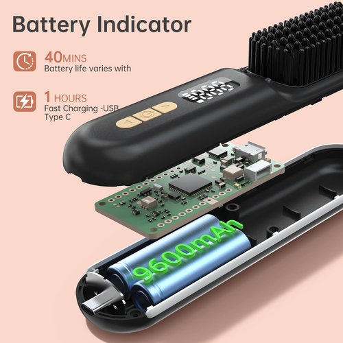 Cordless Hair Straightener Brush, Go Brush Pro, Portable Crystal Diamond Bling Mini Straightening Brush for Travel, Negative Ion Hot Comb with 9 Temps, Anti-Scald Ceramic, Fast Charging for Women