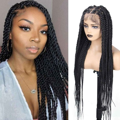 QUISDUIS Senegal Twist Wigs, 36 "360° HD Full Single-layer Lace Two Braid Wigs for Black Women Square Knotless 2 Braid Wig with Baby Hair Handmade Synthetic Hair Blended Lace Front Wig Natural Black