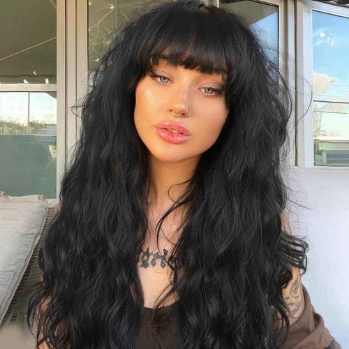 Lady Hanne Human Hair Wigs Natural Wave Human Hair Wig with Bangs for Black Women 18 inches None Lace Front Wear and Go Glueless Human Hair Wig