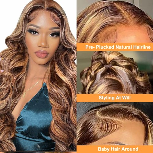 Naliandra 26 Inch Honey Blonde Lace Front Wig Human Hair Pre Plucked Ombre 13x4 Body Wave Lace Front Wigs Human Hair 4/27 Highlight 180 Density HD Lace Frontal Wigs