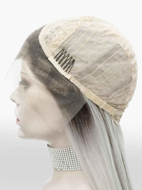 IMSTYLE Sliver Mist Grey with Highlights and Dark Roots 28 Inches Free Part Synthetic Lace Front Wig