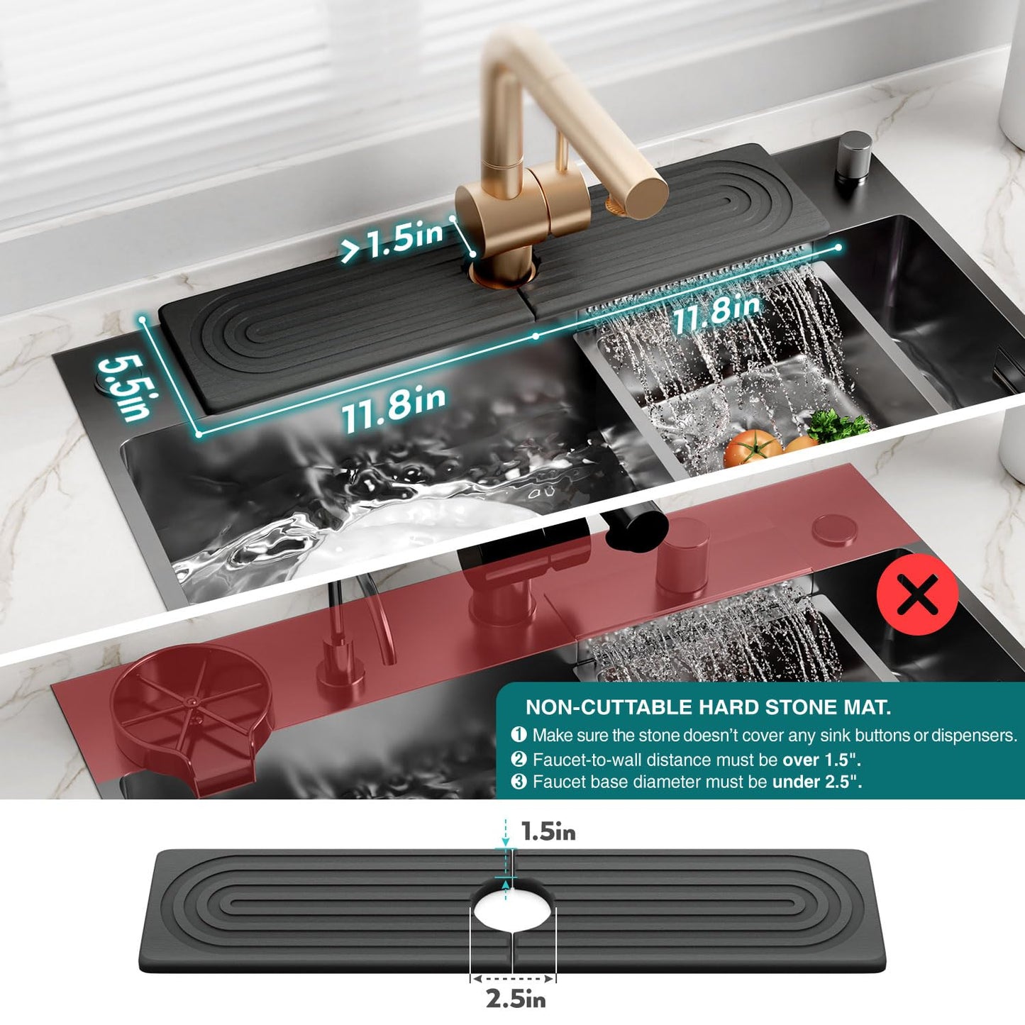 Large Faucet Mat for Kitchen Sink - Stone Drying Mat for Kitchen Counter, Diatomite Fast Drying Stone Sink Tray, Super Absorbent, Stylish Decor and Protector for Bathroom (Dark Grey, 23.6" x 5.5")