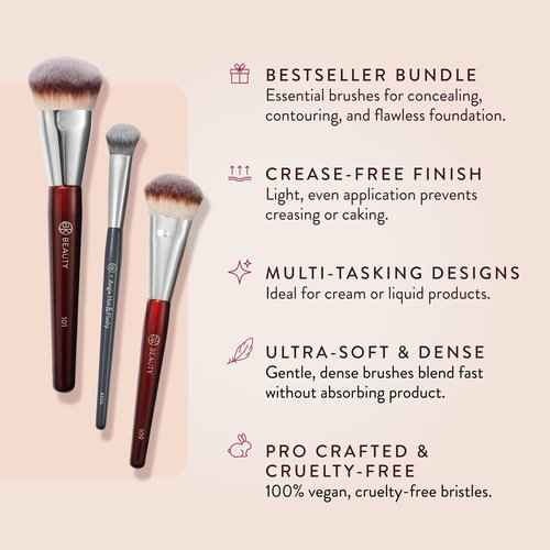 BK Beauty Brushes Set - A506, 109 & 101 Concealer, Contoured Foundation, and Mini Foundation Brushes - Essential Makeup Brush Trio for Flawless Application
