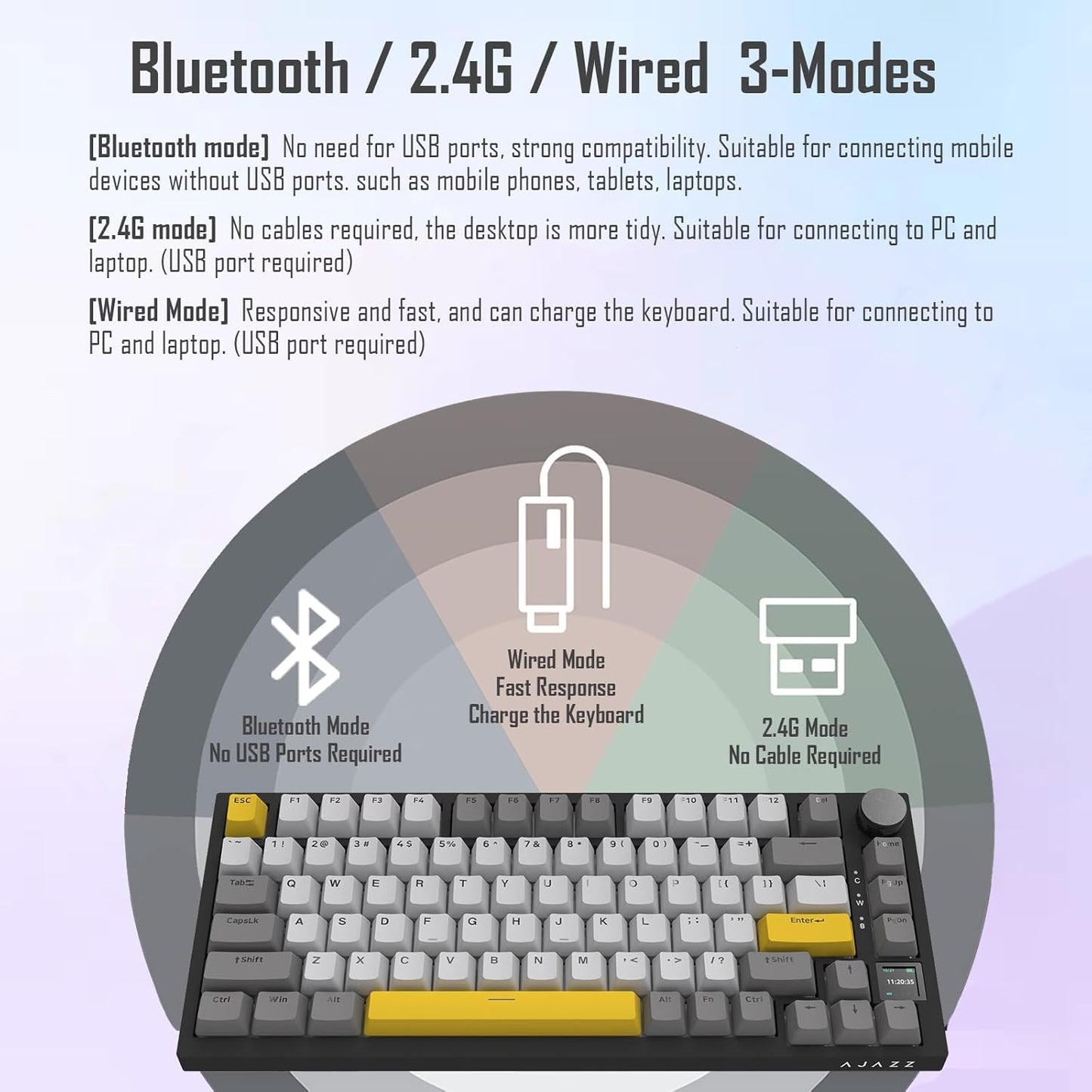 AJAZZ AK820 Pro 75% Gasket RGB Wireless Mechanical Keyboard with TFT Screen, Volume knob, Bluetooth/2.4G/Wired 3-Modes, Compact 82 Hot-Swap Keys, Tricolor PBT Keycap, 4000 mAh (Gray&Yellow 3-Modes)