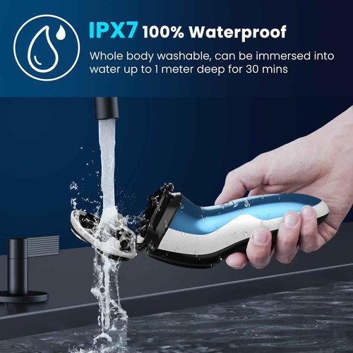 Waterproof Men’s Electric Shaver with Travel Case, Powerful & Quiet, Type C Fast Charge (60min Charge, 120min Use), Precision Trimmer (Blue)