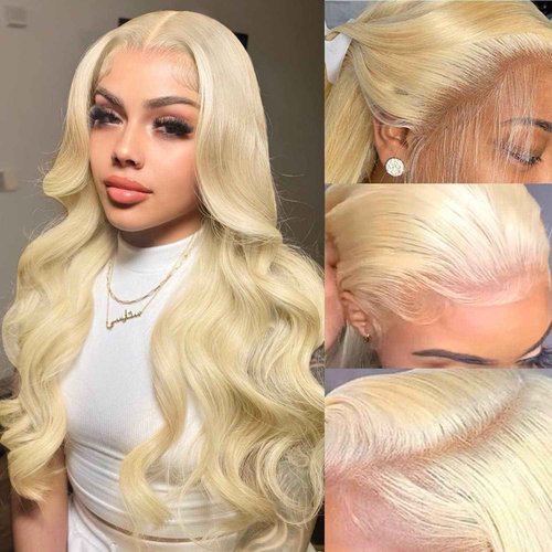 MUXFILLA 613 13x6 Lace Front Wig Human Hair 200 Density HD Body Wave Blonde Lace Front Pre Plucked Lace Frontal Wig Blonde, 26 Inch