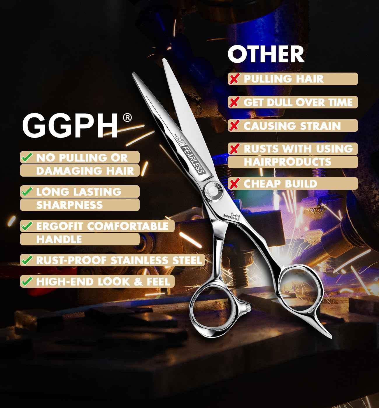 GGPH Professional Ergonomic Hair Cutting Scissors - SUS440C & Cobalt Stainless Steel Barber Shears - Fine Adjustment Tension - Premium Shears for Hair Cutting (6.0 Inches)