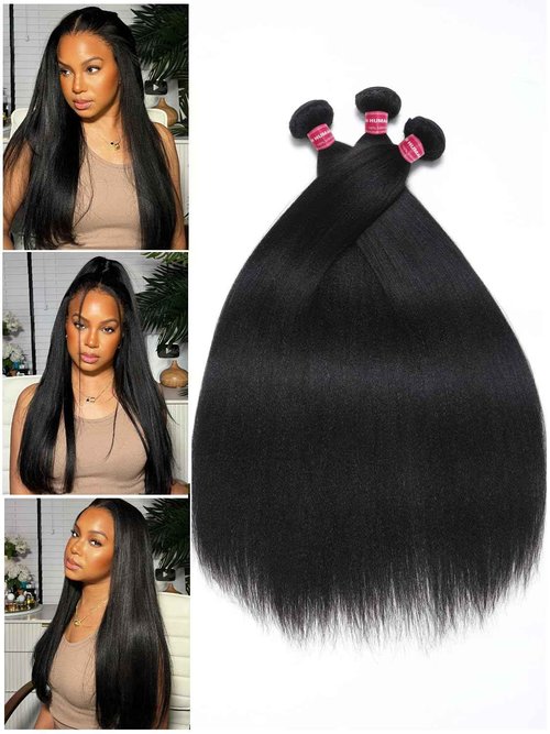 Julia Hair 12A Yaki Straight Human Hair 3 Bundles 8 10 12 Inch Unprocessed Virgin Real Human Hair Weave Extensions for Women Clip in Kinky Straight Human Hair Bundles Natural Black