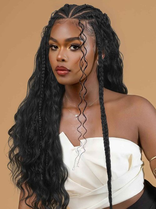 Fancy Hair Cornrow with Curly Hair Wig 26 Inch HD Lace Front Braided Wig with Baby Hair Face Framing Tendrils Pre Plucked Glueless Transparent 13x4 Inch Lace Frontal for Black Women Natural Hairstyle