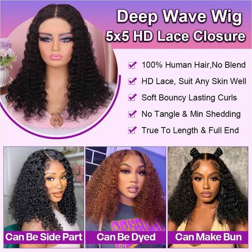 omswet Curly BOB Wig Human Hair 200 Density 5x5 HD Lace Closure Deep Wave Wigs for Black Women Glueless Wear and Go Pre Plucked Deep Wave Wet and Wavy Glueless Wigs Human Hair Natural Black 16 Inch