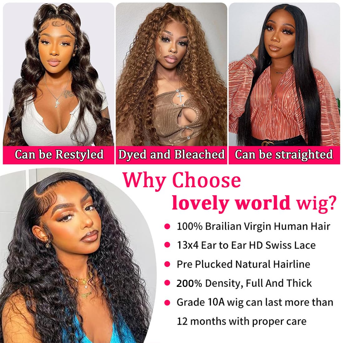 Lovelyworld Deep Wave Lace Front Wigs - Human Hair, 30 inch, 200 Density, HD Deep Curly Lace Front Wig