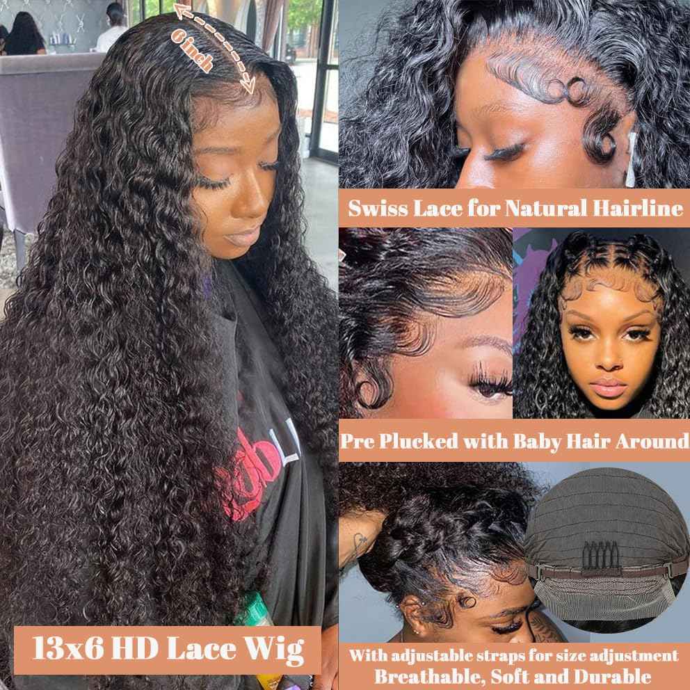 30 Inch 13x6 Deep Wave Lace Front Wigs Human Hair 180% Density Curly Lace Frontal Wig for Black Women Glueless Wigs Human Hair Wet and Wavy Wigs Pre Plucked with Baby Hair