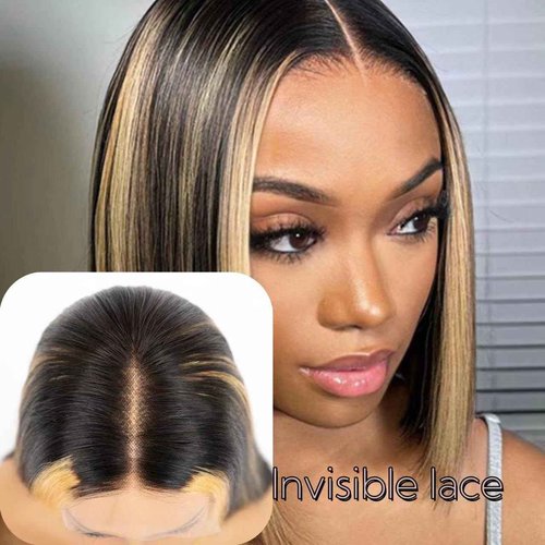 HAIRHOBBY Highlights Bob Wigs Human Hair, Wear and Go Glueless Wigs 5x5 HD Lace Front Short Straight Bob Wigs Pre Plucked Pre Cut for Black Women Transparent Closure Virgri Wigs 180% Density 12 Inch