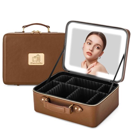 Gdsshuhung Makeup Bag with LED Mirror & Magnifier, Large Cosmetic Organizer Travel Makeup Case with Adjustable Brightness & 6 Detachable Dividers, Portable Makeup Storage for Women Girls (Brown)