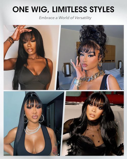 tunfine Straight Human Hair Wig with Bangs 4x6 Lace Closure Bang Wig 100% Burmese Virgin Human Hair Beginner Friendly Ready to Wear Glueless Wigs for Women 16 Inch