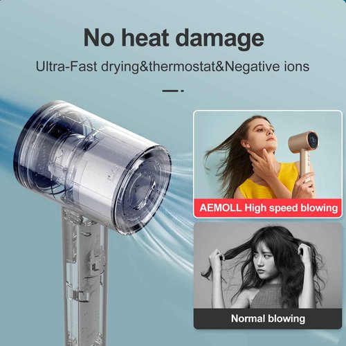 AEMOLL Hair Dryer, 110000RPM Professional Low Noise Negative Ionic Blow Dryer, Fast Drying, Negative Ions Care, Heat-Control, with Magnetic Diffuser and Nozzle, 4 Temps & 3 Speeds, HD Display