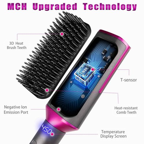Hair Straightener Brush, 3X Denser Bristles, 2 in 1 Brush Straightener for Women, MCH Fast Heating Dual Voltage Flat Iron Comb for Curly Hair