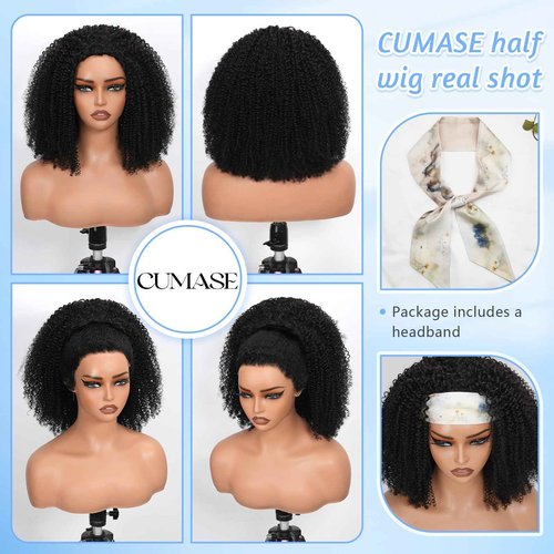 CUMASE Kinky Curly Half Wig Human Hair 200 Density 3 In 1 Seamless Flip Over Half Wig 20 Inch Glueless Wig with Drawstring No Lace for Women Beginner Friendly