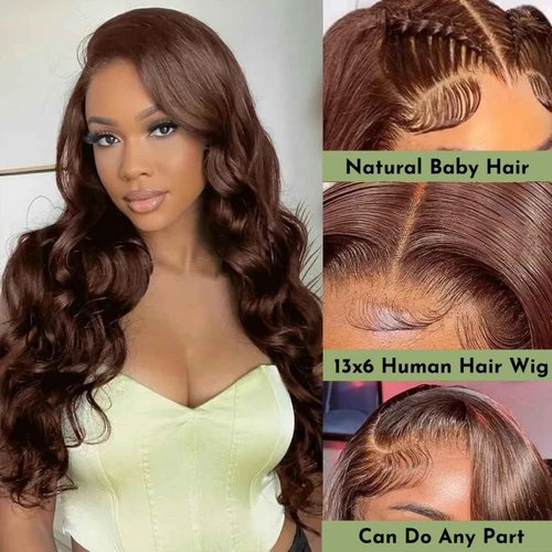 HC 22inch Chocolate Brown Lace Front Wig 13x6 HD Body Wave Human Hair Brown Human Hair Wig 200% Density Pre Plucked Glueless Brown Wig human hair for Women（22inch）