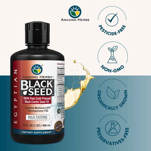 Amazing Herbs Egyptian Black Seed Oil - Gluten Free, Non GMO, Cold Pressed Nigella Sativa Aids in Digestive Health, Immune Support, Brain Function, Mild Flavor - 32 Fl Oz