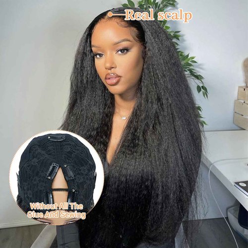 MOOTAFUL V Part Human Hair Wig Kinky Straight V Part Wig Human Hair for Black Women 18 Inch Glueless Wigs Clip Upgrade Natural Beginner Friendly Middle Part 200% Density
