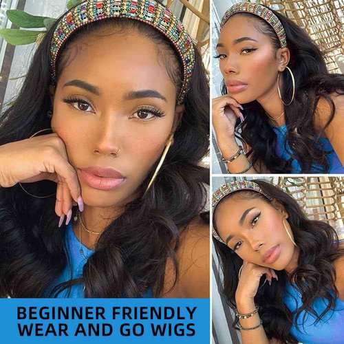 Sungirl Headband Wig Human Hair Body Wave Headband Wigs for Black Women 26 Inch None Lace Front Wig Wear and Go Glueless Machine Made Brazilian Virgin Body Wave Natural Color