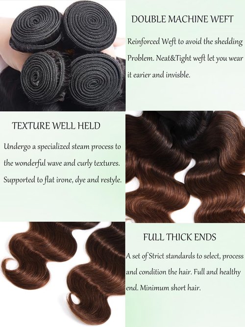KLAIYI Ombre Brown Body Wave Bundles Human Hair Extensions with Dark Roots 100% Unprocessed Brazilian Real Virgin Hair Weaves Chestnut Brown Double Wefts 12A Wavy One Bundle 20Inch Sew in Piano Color