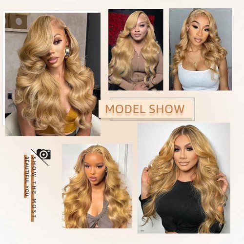 Saxio 13x4 Body Wave Honey Blonde HD Pre Plucked With Baby Hair 200% Density Lace Frontal Human Hair Wigs 27# Blonde Wig Human Hair 28 Inch