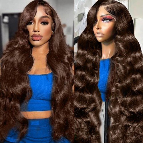 200% Density Chocolate Brown Lace Front Wigs Human Hair for Women 13x4 HD Lace Frontal Body Wave Lace Frontal Wigs Human Hair Pre Plucked with Baby Hair 28 Inch so Thick #4 colored