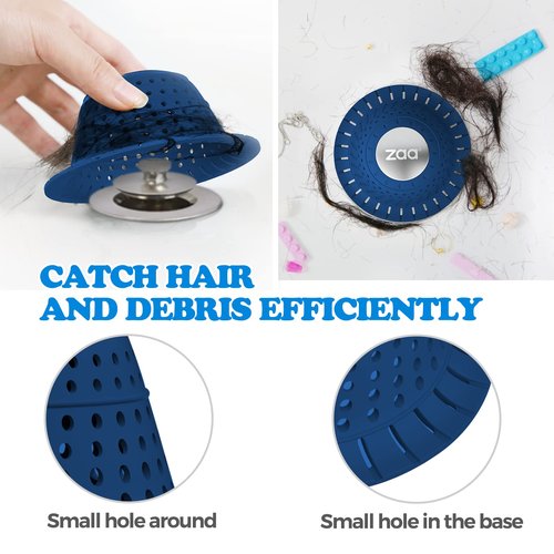 Bathtub Drain Hair Catcher, Silicone Collapsible 1 Pack Drain Protector for Pop-Up and Regular Drains of Shower, Bathtub, Tub, Bathroom, Sink, Dark-Blue