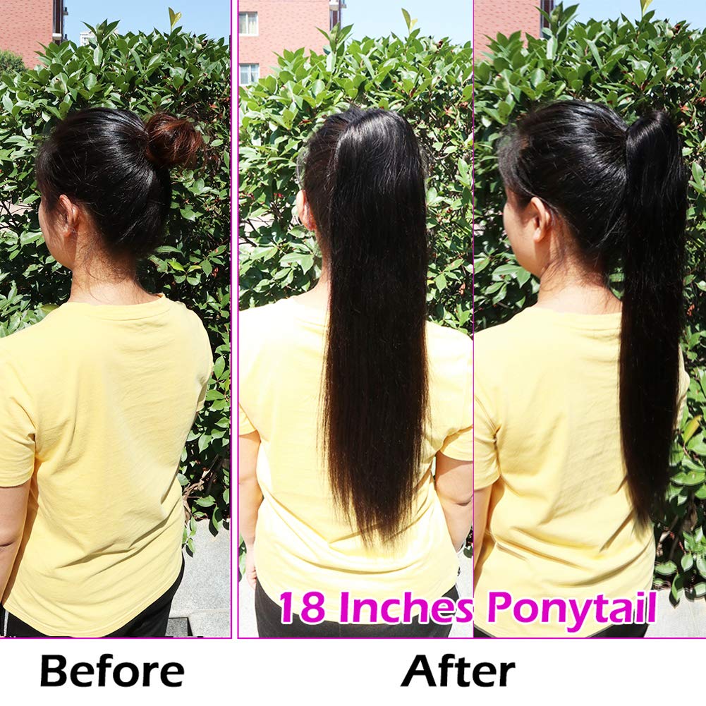 10A Grade Human Hair Ponytail Clip In Extensions 1 Piece, 100% Unprocessed Real Brazilian Hair Pony tail Hairpiece Braids Hair Extensions (28 Inch, Straight, Wrap Drawstring)