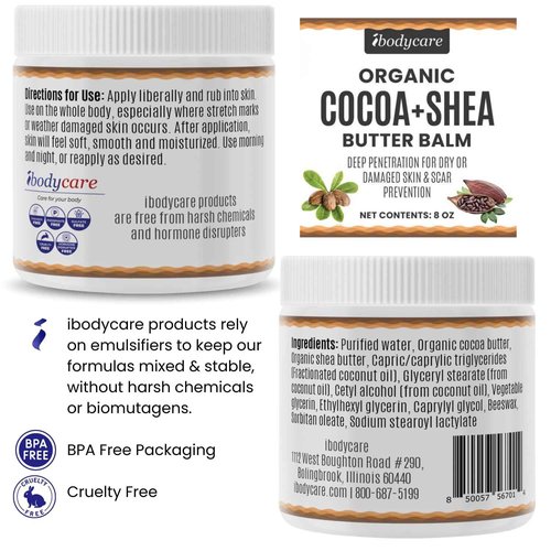 ibodycare Organic Raw Cocoa Butter Shea Butter Body Balm with Coconut Oil, 8 oz Unrefined Natural Body Butter Blend with Shea Butter Moisture for Women, Baby, Children, Men, All Body (2)
