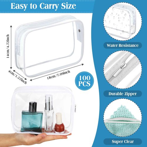 Sanwuta 100 Pcs Clear Makeup Bags Bulk Tsa Approved Toiletry Bag for Travel Transparent Cosmetic Bag PVC Waterproof Travel Small Pouches with Zipper for Men and Women(White)