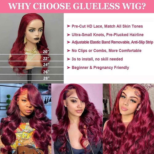 99J Burgundy 5X5 Lace Closure Wigs Human Hair Glueless Wigs HD Transparent 180 Density Wine Red Pre Plucked Pre Cut Body Wear for Beginners 22 Inch