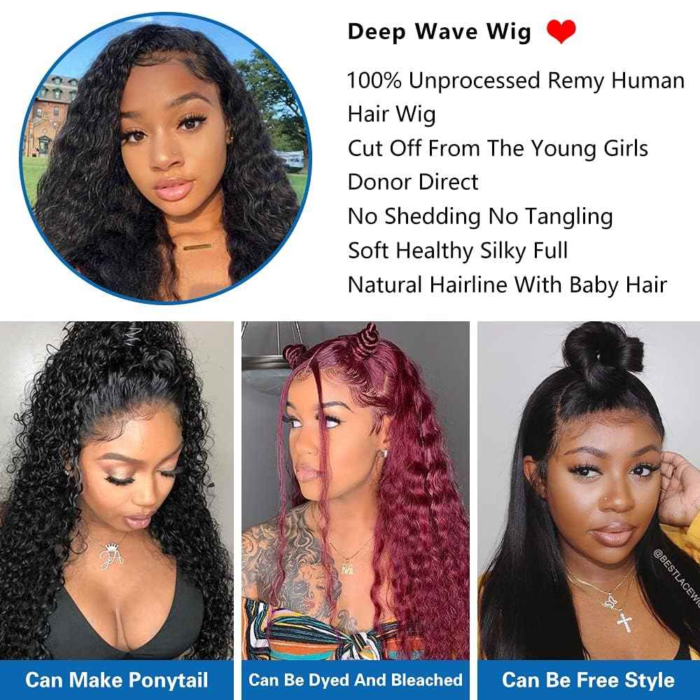 28 Inch Deep Wave Lace Front Wigs 4x4 Lace Closure Human Hair for Black Women Wet and Wavy Wigs Human Hair Curly Wig with Baby Hair Deep Wave Glueless Human Wig Pre Plucked Natural Black