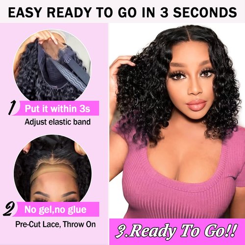 Put On and Go Glueless Wigs Human Hair Pre Plucked Pre Cut Lace Closure Wigs for Black Women 200% Density Glueless Deep Curly Bob Wig Human Hair 30 Seconds Install for Beginners Natural Color 14 Inch
