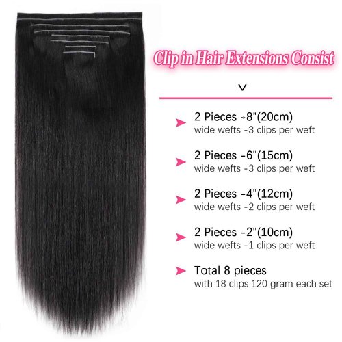 Mihugass Injected Clip in Extension Human Hair Straight Clip Ins for Women Brazilian Injected Clip ins Human Hair Natural Color 8 Pcs with 18 Clips 120g/Set (20 inch)