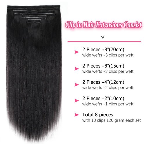 Mihugass Injected Clip in Extension Human Hair Invisible Clip Ins for Women Brazilian Injected Clip ins Human Hair Natural Color 8 Pcs with 18 Clips 120g/Set (24 inch)