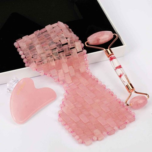 ideayard Rose Quartz Eye Mask & Face Roller and Gua Sha 3-in-1, Real Natural AAA Rose Quartz for Skin Care SPA Facial